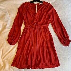 Lush Long Sleeve Mini Dress Rust Red V-Neckline Fit and Flare Size Small
